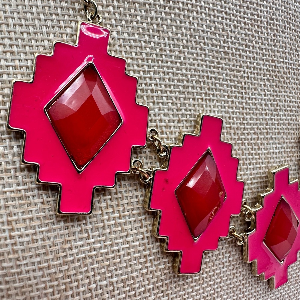 Vintage Y2K Pink Enamel Frames Red Glass Statement Necklace Gold Tone Jewelry - Picture 4 of 7